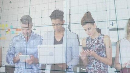 Sticker - Grid and data points animation over diverse people using digital devices