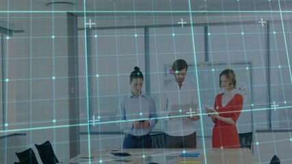 Poster - Grid and data points animation over business people using devices in office