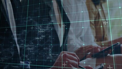 Poster - Grid and data points animation over business people working on tablets
