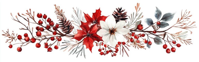 Wall Mural - Watercolor illustration of a winter bouquet featuring red and white flowers berries branches leaves and a cone set against a white background