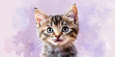 Wall Mural - Watercolor illustration of a short haired kitten with distinct eye colors set against a purple background Digital artwork depicting a charming domestic cat ideal for web use