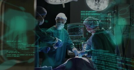 Poster - Surgeons performing operation with medical data processing animation over scene