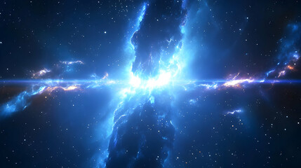 Wall Mural - bright blue nebula with glowing gas clouds and a beam of light.