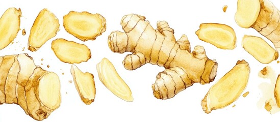 Wall Mural - Watercolor illustration of ginger featuring ginger root and slices against a white background