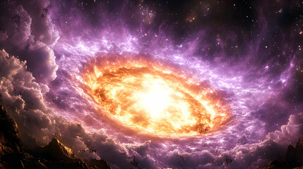 Wall Mural - bright, fiery cosmic vortex seen from a rocky, mountainous landscape, with swirling purple and white