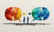 © Olexiy Vasilyuk - Two business professionals engage in a constructive conversation, represented by colorful jigsaw puzzles. The watercolor style captures the essence of teamwork and cooperation to solve challenges
