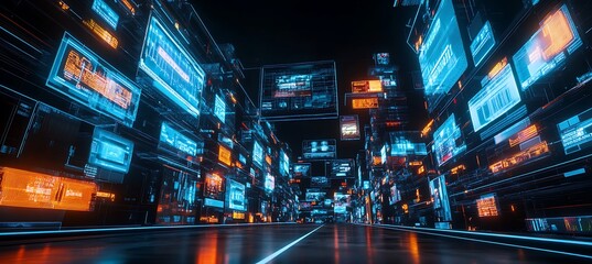 Poster - a digital city with interconnected data towers and holographic billboards