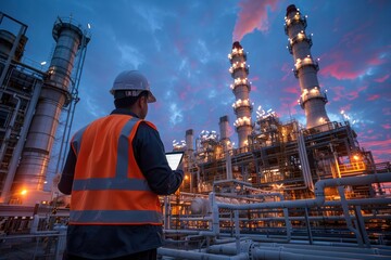 Wall Mural - A man in a safety vest is standing in front of a large industrial plant