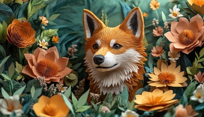 Cute Shiba Inu in a vibrant paper art garden, surrounded by colorful flowers and green foliage under a bright sky