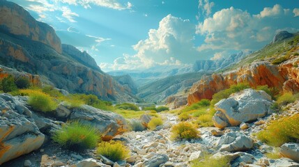 Wall Mural - Mountainous Landscape with Riverbed and Clouds