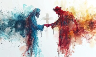 Wall Mural - In a captivating watercolor artwork, Jesus reaches out to an individual in need, symbolizing compassion and forgiveness as they connect over a softly blurred cross