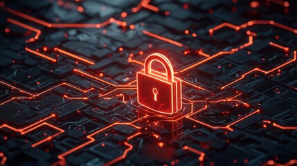 Aufkleber - A bright red digital padlock glowing on a dark, futuristic circuit board background, representing cybersecurity, data protection, and online safety.
