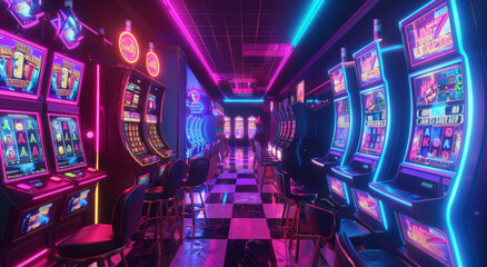 A vibrant row of slot machines in a bustling casino with neon lights