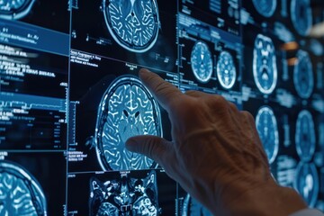 Sticker - A man is pointing at a brain scan on a computer screen