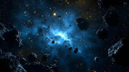 Wall Mural - dark asteroids in space against a bright blue nebula with stars.