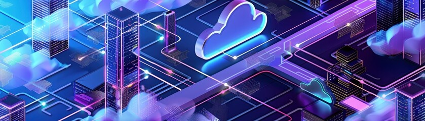 Wall Mural - Futuristic cloud computing network concept with neon lights and digital technology elements in a virtual landscape.