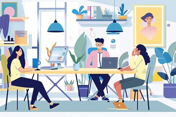 Wall Mural - a group of people sitting at a table working on laptops