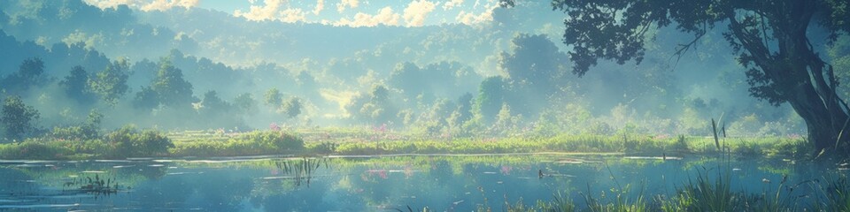 Serene Anime-Style Nature Scene: Misty River with Reeds in Spring and Summer. Tranquil Landscape Illustration for Advertising, Cultural Concepts, and Minimalist Graphic Design with Elegant Gradient Te