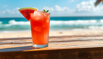 Wall Mural - Refreshing summer drink with watermelon and ice in a glass on a wooden table on beach background isolated with white highlights, png