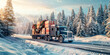 © annaspoka - Christmas new year gift delivery shipping, lorry cargo truck transport with large wrapped presents driving on road against winter snowing landscape, concept of logistic send ship courier service