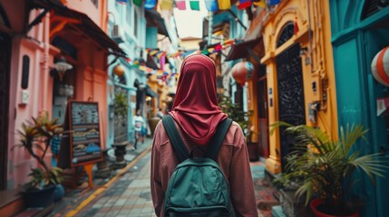 Woman in hijab exploring a vibrant, colorful street