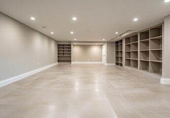 Canvas Print - Spacious Basement Interior with Tile Flooring