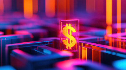 Poster - Colorful abstract digital background featuring glowing dollar symbol in a maze-like structure representing finance and wealth concepts
