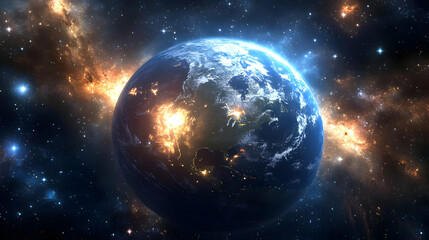 Wall Mural - earth glows in the vastness of space, illuminated by twinkling stars and galactic dust.
