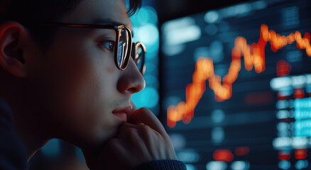 A man is looking at the stock market on his computer screen, with one hand touching his face in despair as he watches the shares fall down.