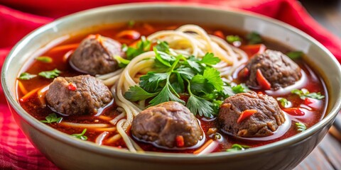 macro shot of juicy beef ball in blood red broth with boat noodles and herbs in artistic shallow dof