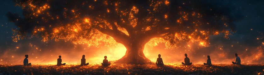 People with Glowing Trees and Joyful Expressions concept as A group of people sitting under glowing trees with joyful expressions set against a fantastical background offering ample space for text or 