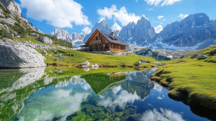 View of a house in the highlands with beautiful lake water behind the mountains background wallpaper AI generated image