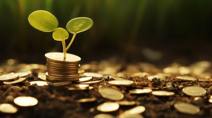 Illustration design of economic growth investment, with a background of stacks of coins around plant seeds on the ground