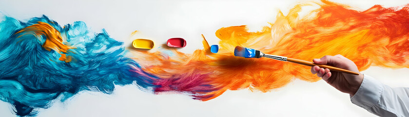 Fototapete - Person with Magic Paintbrush and Floating Color Palettes concept as A person holding a magic paintbrush with floating color palettes set against a clean background providing space for text or graphics