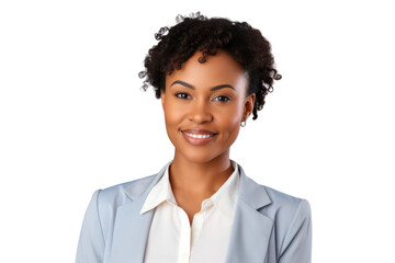 Wall Mural - African American businesswoman with a warm smile and intelligent eyes isolated on white background