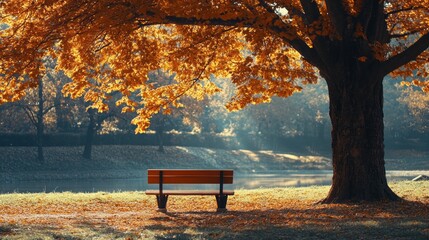 Poster - A bench is sitting under a tree with leaves on the ground