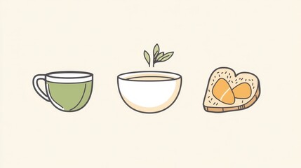 This collection features minimalist line icons of healthy food options, including a tea cup, bowl of soup, and egg on toast, promoting clean eating