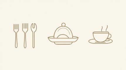 Wall Mural - The illustration showcases minimalist vector designs of cutlery, a serving dish, and a coffee cup, evoking modern dining aesthetics