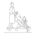 © nasharaga - One continuous single drawing line art doodle stroller, mother, female, baby. Isolated image hand draw contour on a white background