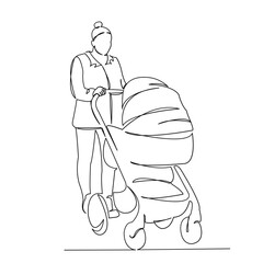 Canvas Print - One continuous single drawing line art doodle stroller, baby, mother, female, adultl. Isolated image hand draw contour on a white background