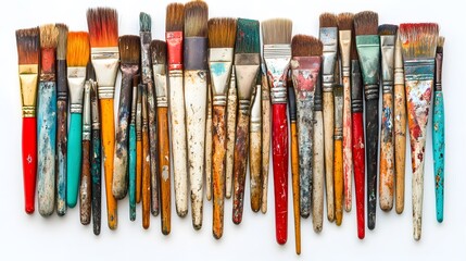 A collection of old paintbrushes on a white background, viewed from above. A creative and artistic concept featuring numerous colorful artist's brushes