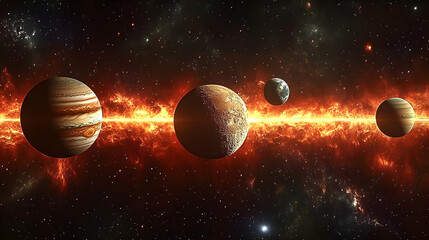 Wall Mural - four planets in a fiery galaxy with stars and nebulae.