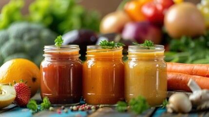 Jars of homemade baby food with fresh fruits and vegetables in the background