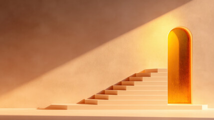 Poster - Minimalist staircase leading to a vibrant arched doorway illuminated by warm sunlight against a textured peach wall