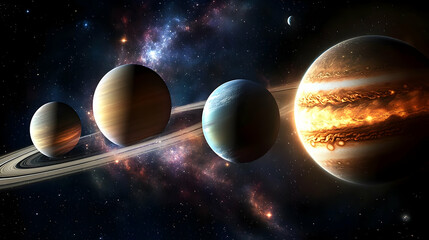 Wall Mural - four planets, one with rings, in a starry sky with a galaxy in the background.