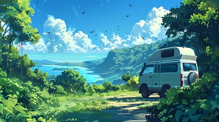 Wall Mural - A serene landscape featuring a camper van by a lush coastline under a bright sky.