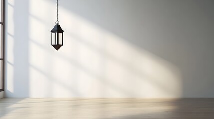 Poster - serene minimalist room with a single hanging lantern providing warm inviting lighting the space feat