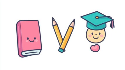 A collection of cute education icons showcases a cheerful book, two pencils, and a smiling graduate character celebrating learning