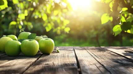 Wall Mural - Wooden table with green apples fruits and free space on nature blurred background. copy space for text.