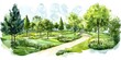 © Wan - Scenic watercolor illustration of a lush garden park with winding paths, green trees, and vibrant floral arrangements under a clear sky.